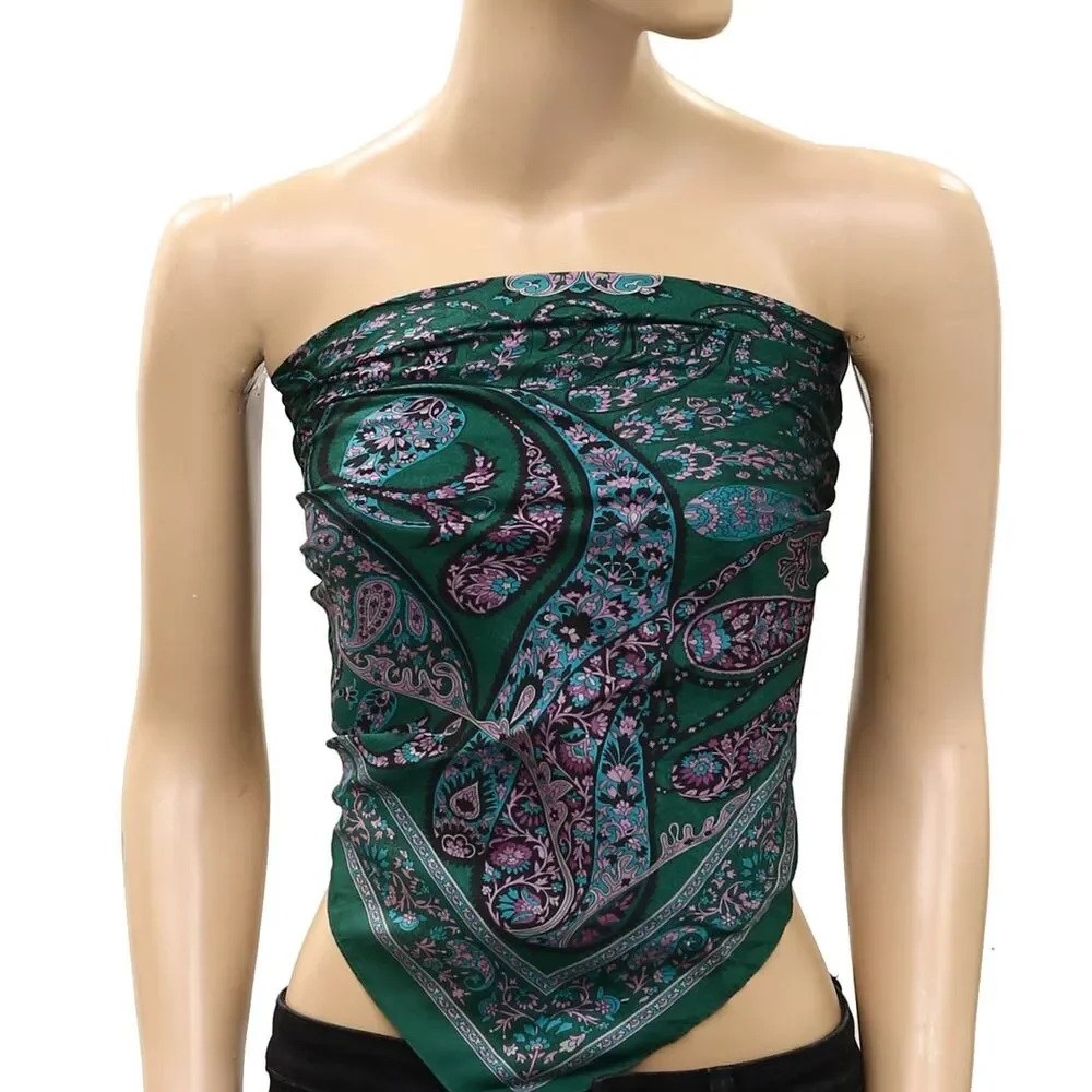Free People So Silk Printed Bandana Scarf Tube Top Belt Floral Paisley Wrap OS